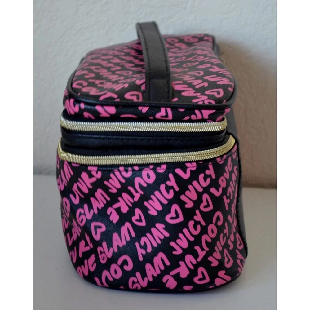 Juicy Couture Pink Black Cosmetic Makeup Bag Train Case 2 Zipper Compartments